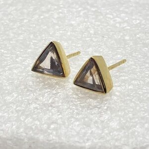 Vtg Sterling Silver Smoky Quartz Triangle Gold Plated Stud Earrings 8mm x 8mm